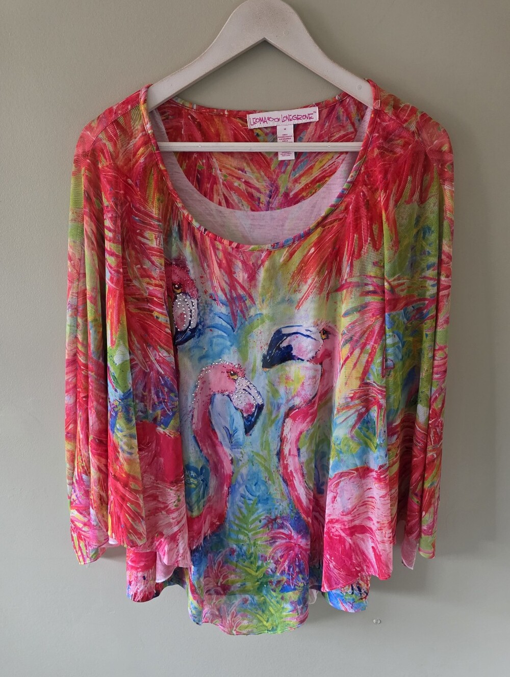 NWOT Leoma Lovegrove M Tropical Flamingo Mesh Top Resortwear Eclectic Artsy